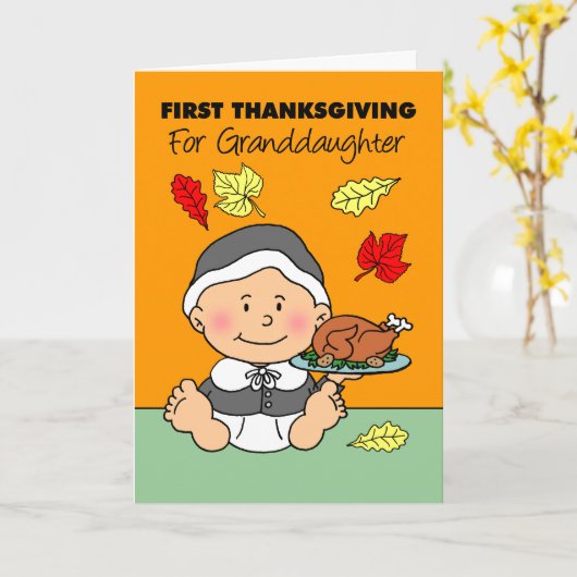 Granddaughter's First Thanksgiving Cute Little Pil カード (黄色い花)