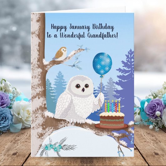 Grandfather Happy January Birthday Snowy Owl カード