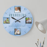 Grandkids make life Grand 4 Photo Blue Round ラージ壁時計<br><div class="desc">Create your own unique, round wall clock with 4 of your favorite photos. The photo template is set up ready for you to add your pictures of the grandchildren, grandparents or family; working clockwise from the top. The photos are displayed in square format around the wording "grandkids make life grand"....</div>