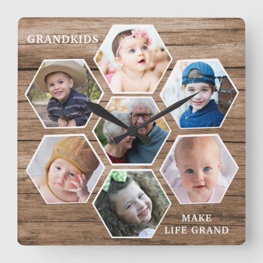 Grandkids Make Life Grand 7 Photo Collage Wood スクエア壁時計 (正面)