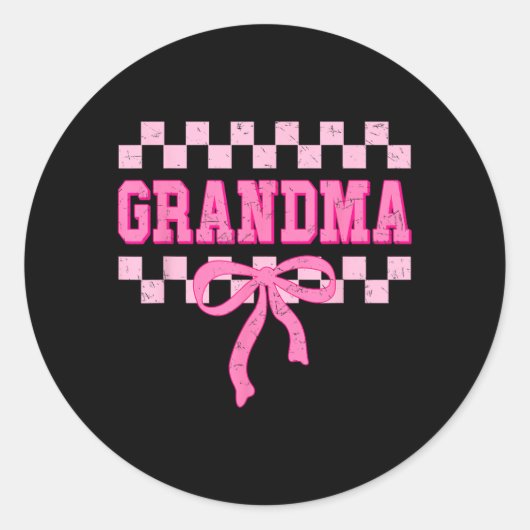 Grandma Birthday Squad Matching Pink Bow Checkered ラウンドシール (正面)