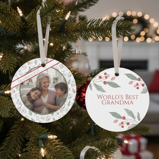 Grandma Christmas Ornament–Custom Photo & Foliage オーナメント