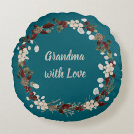 Grandma Christmas wreath on a rich teal  ラウンドクッション
