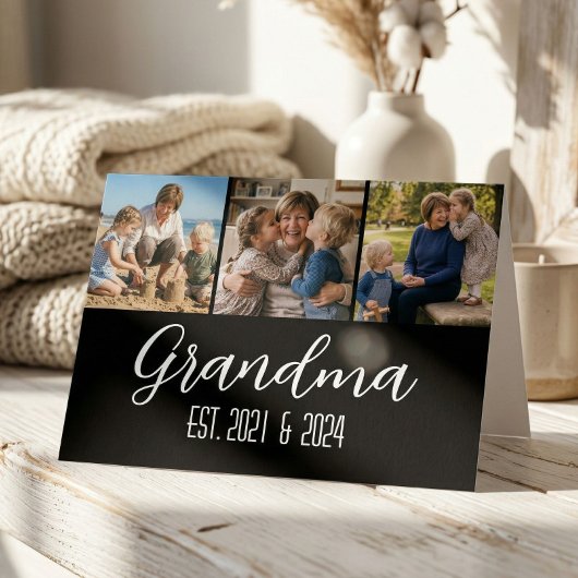 Grandma Established Black 3 Photo White Script カード