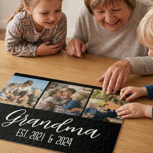 Grandma Established Black 3 Photo White Script ジグソーパズル