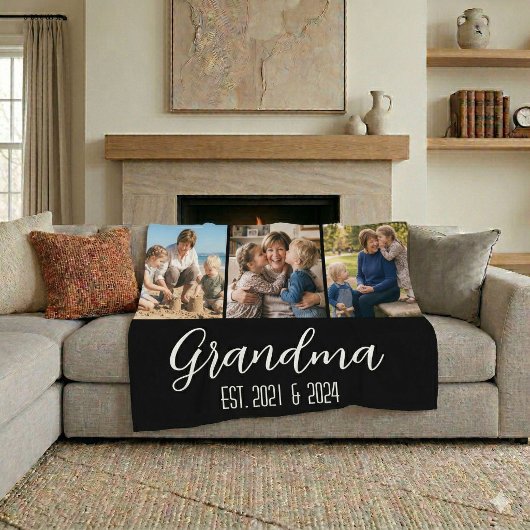 Grandma Established Black 3 Photo White Script フリースブランケット