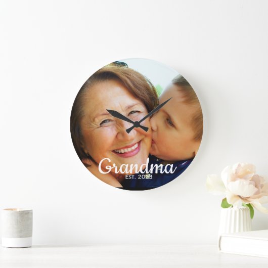 Grandma Established Modern Script Photo  ラージ壁時計 (ホーム)