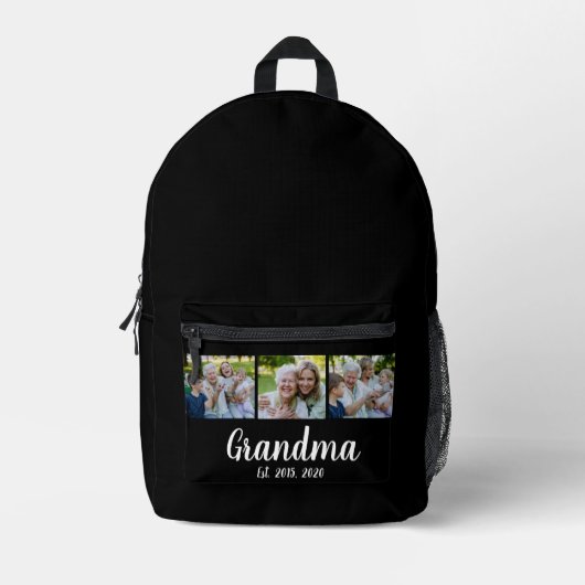 Grandma Established Script Black 3 Photo プリントバックパック (正面)