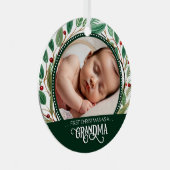 Grandma First Christmas Photo Holiday Pattern メタルオーナメント (正面右)