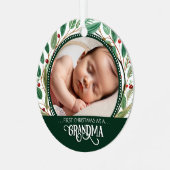 Grandma First Christmas Photo Holiday Pattern メタルオーナメント (正面左)