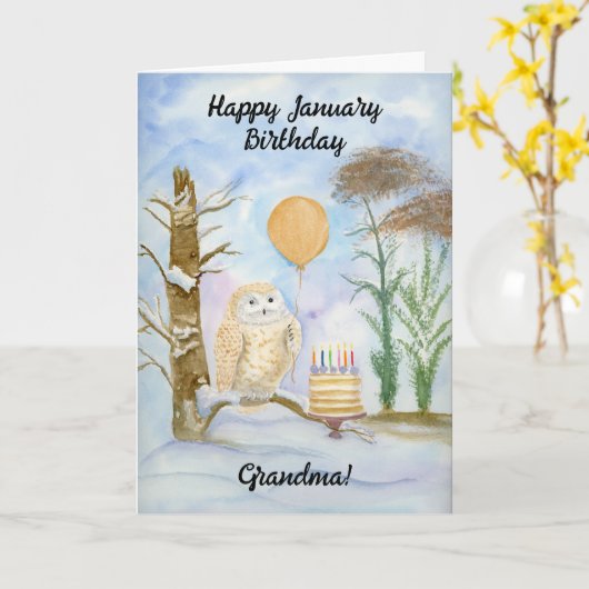Grandma Happy January Birthday Owl Cake カード (黄色い花)