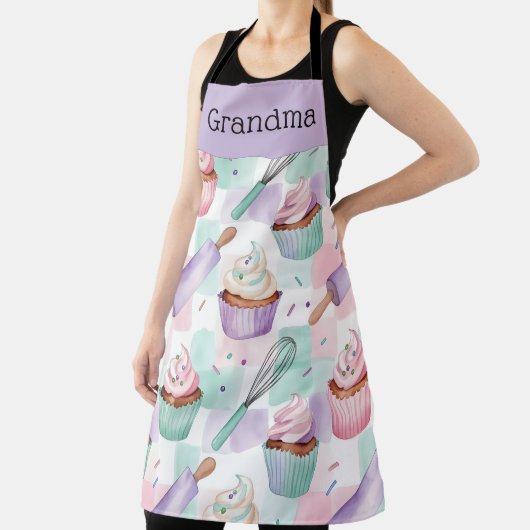 Grandma Lavender Teal Cupcake Baking Crew エプロン (インサイチュ)