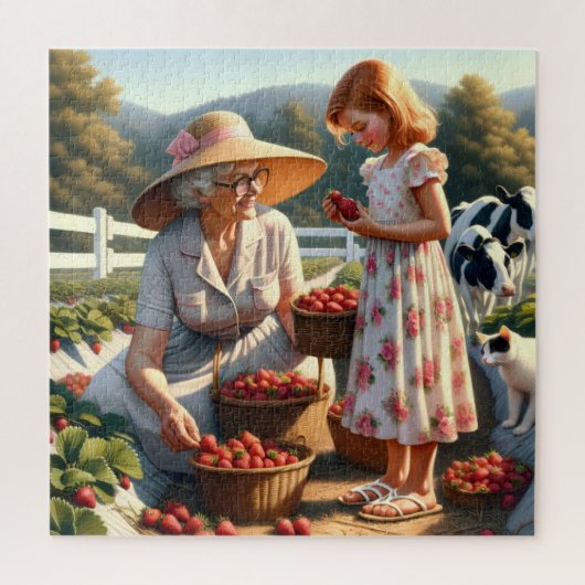 Grandma & Me Strawberry Picking – Summer Farm Memo ジグソーパズル (縦)