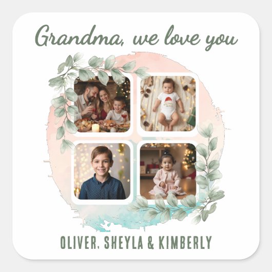 Grandma we love you 6 Photo Collage Eucalyptus スクエアシール (正面)