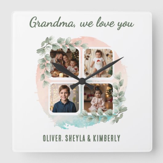Grandma we love you 6 Photo Collage Eucalyptus スクエア壁時計 (正面)