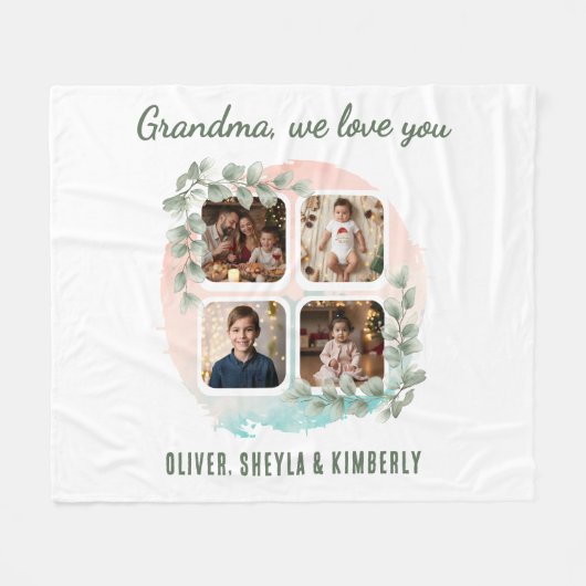 Grandma we love you 6 Photo Collage Eucalyptus フリースブランケット (正面(横))