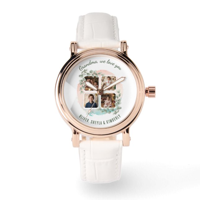 Grandma we love you 6 Photo Collage Eucalyptus 腕時計 (正面)