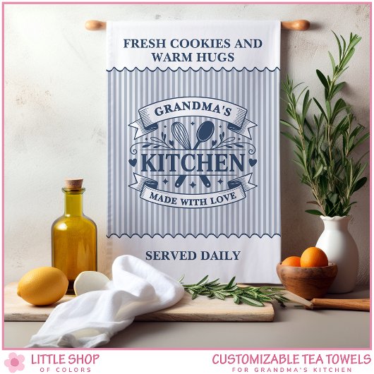 Grandmas Kitchen Blue Stripes Customizable キッチンタオル