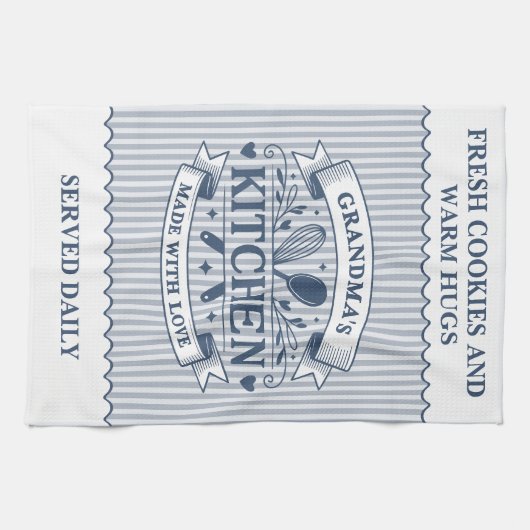 Grandmas Kitchen Blue Stripes Customizable キッチンタオル (横)