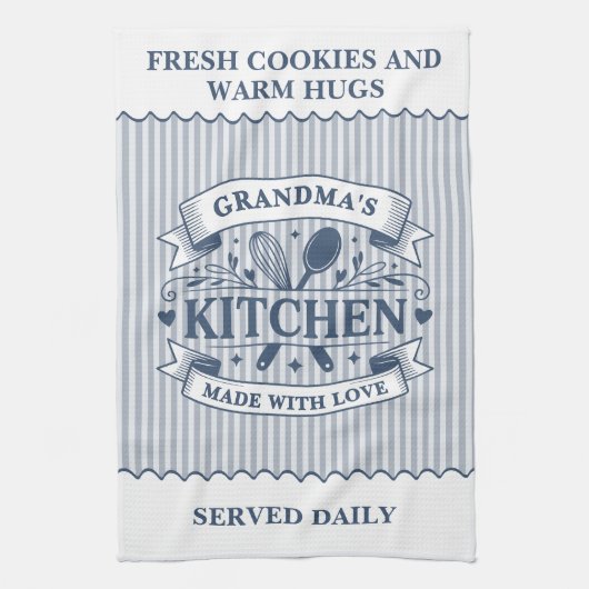 Grandmas Kitchen Blue Stripes Customizable キッチンタオル (縦)