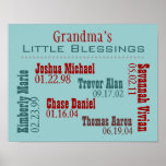 Grandmas Little Blessings Posters with Names ポスター<br><div class="desc">Make a custom poster for grandma with the names and birthdays of her grandchildren. This is a perfect gift for Christmas or Mother's Day. In this example the kids in the same family has the same colored names. And the girls names are on the outside and the boys are in...</div>