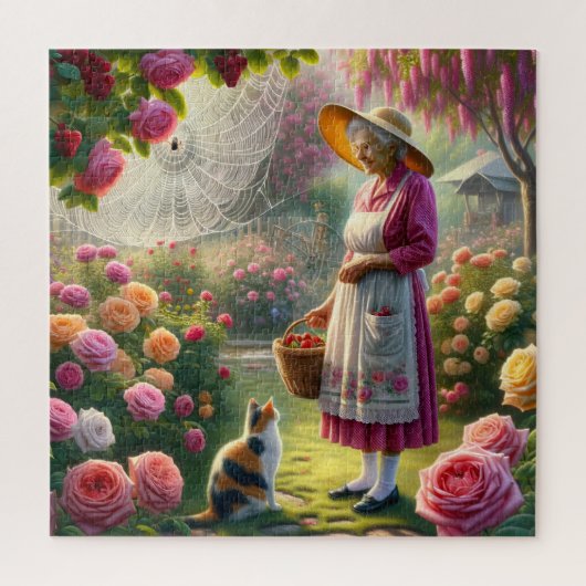 Grandma's Rose Garden Calico Cat & Floral Scene ジグソーパズル (縦)