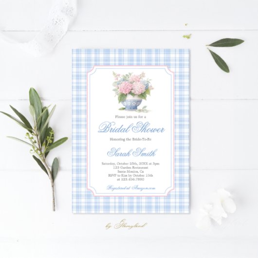 Grandmillennial Blue Gingham Bridal Shower  招待状