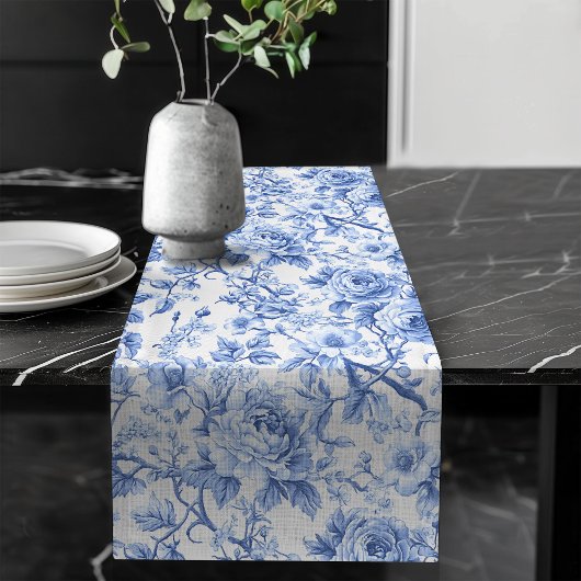 Grandmillennial Blue Toile Roses Floral Table Runn ロングテーブルランナー