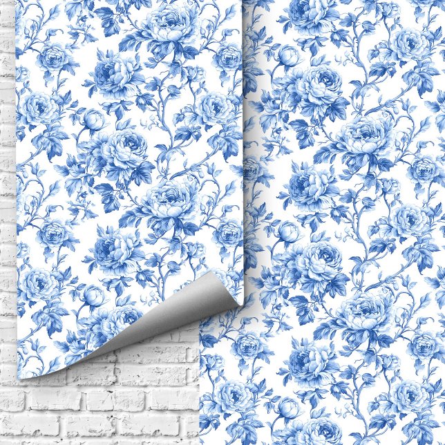 Grandmillennial Blue Toile Roses Floral Wallpaper  壁紙 (Grandmillennial Blue Toile Roses Floral Wallpaper Design)