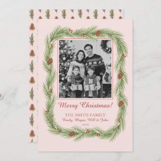 Grandmillennial Christmas Garland & Pinecone Photo シーズンカード (正面/裏面)