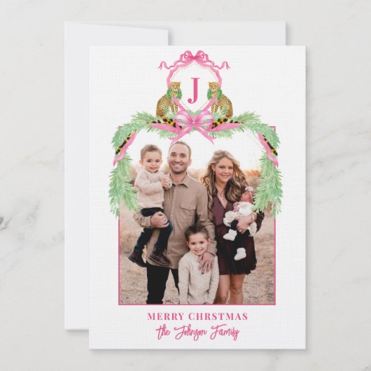 Grandmillennial Christmas Leopard Monogram Photo 招待状 (正面)