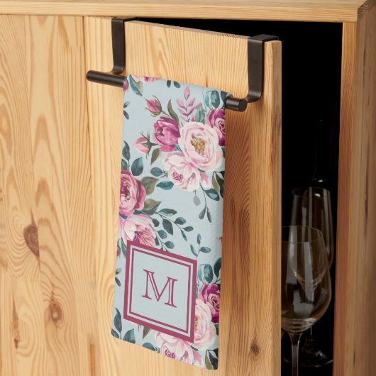 Grandmillennial Dusty Rose Floral Custom Monogram キッチンタオル (三つ折り)