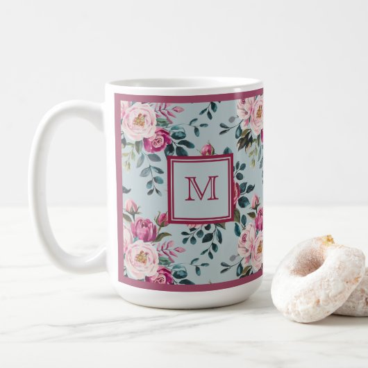 Grandmillennial Dusty Rose Floral Custom Monogram コーヒーマグカップ (ドーナツ)