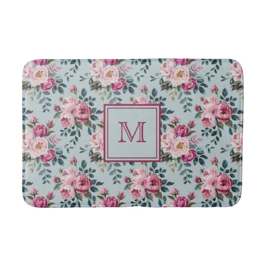 Grandmillennial Dusty Rose Floral Custom Monogram バスマット (正面)