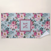 Grandmillennial Dusty Rose Floral Custom Monogram ビーチタオル (正面)