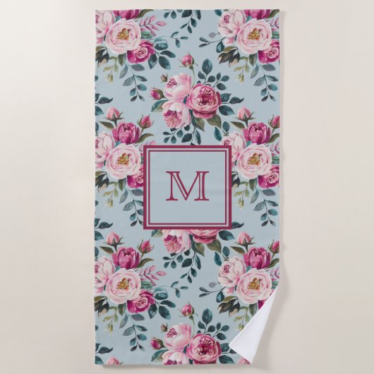 Grandmillennial Dusty Rose Floral Custom Monogram ビーチタオル (正面)