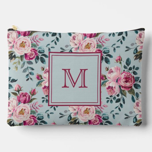Grandmillennial Dusty Rose Floral Custon Monogram アクセサリーポーチ (正面)