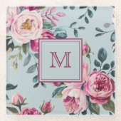 Grandmillennial Dusty Rose Floral Custon Monogram ガラスコースター (正面)