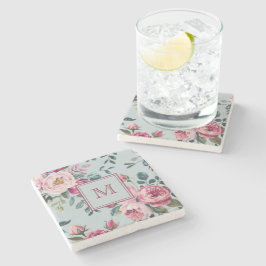 Grandmillennial Dusty Rose Floral Custon Monogram ストーンコースター