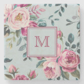 Grandmillennial Dusty Rose Floral Custon Monogram ストーンコースター (正面)