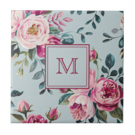 Grandmillennial Dusty Rose Floral Custon Monogram タイル
