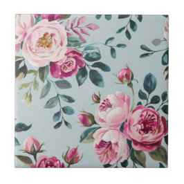 Grandmillennial Dusty Rose Floral Custon Monogram タイル