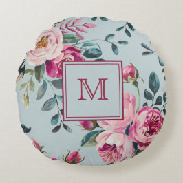 Grandmillennial Dusty Rose Floral Custon Monogram ラウンドクッション