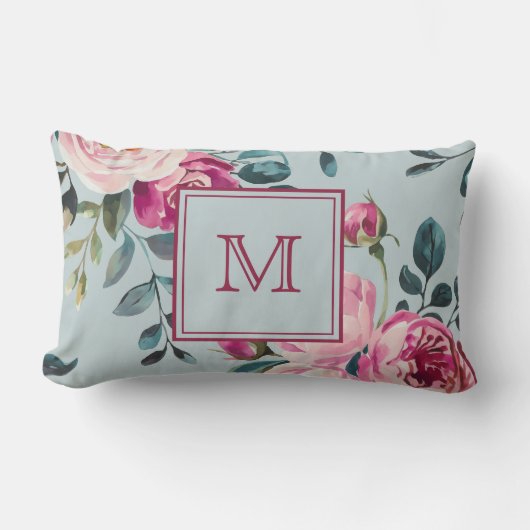 Grandmillennial Dusty Rose Floral Custon Monogram ランバークッション (正面)