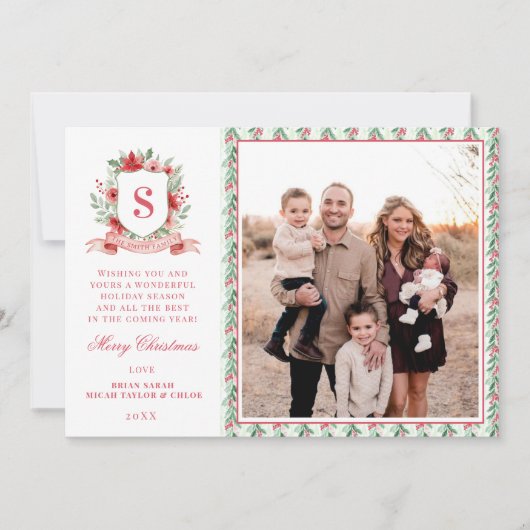 Grandmillennial Floral Crest | Christmas Monogram シーズンカード (正面)