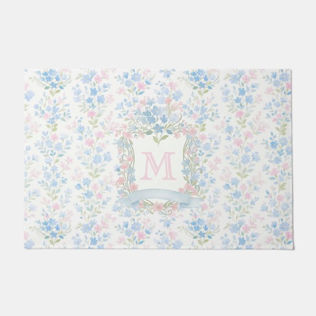 Grandmillennial Floral Monogram Personalized ドアマット (正面)