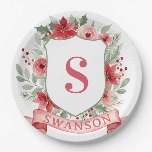 Grandmillennial Holiday Crest | Christmas Monogram ペーパープレート (正面)