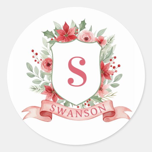 Grandmillennial Holiday Crest | Christmas Monogram ラウンドシール (正面)