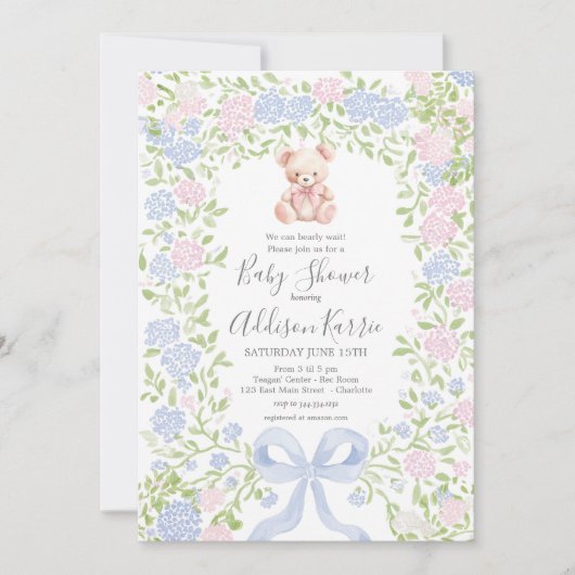 Grandmillennial pink  Bear baby shower invite 招待状 (正面)