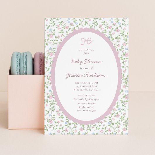 Grandmillennial Pink Bow Floral Baby Shower INVITE 案内状